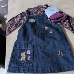 Next Baby Girl Denim dress With A Blouse & Tights.  Age 9-12 Months.  B.N.W.T.