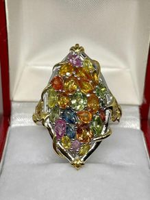 Silver Rainbow Sapphire Cluster Statement Ring