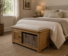 REDUCED Oak seat with wicker basket for hallway or end of the bed