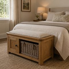 REDUCED Oak seat with wicker basket for hallway or end of the bed