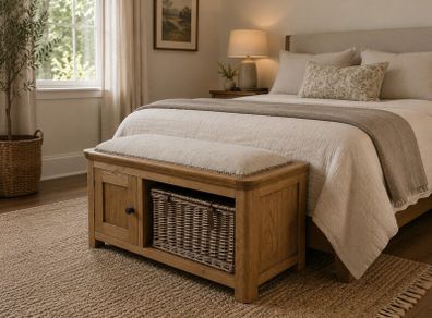 REDUCED Oak seat with wicker basket for hallway or end of the bed