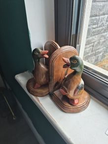 Vintage Hand Carved Duck Bookends  Lovely Decorative Pair
