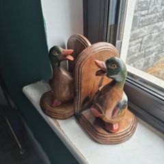 Vintage Hand Carved Duck Bookends  Lovely Decorative Pair