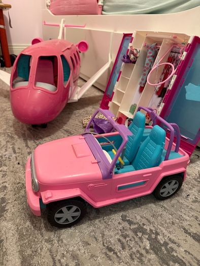 Barbie's dolls and more, aeroplane, clothes, car, wardrobe