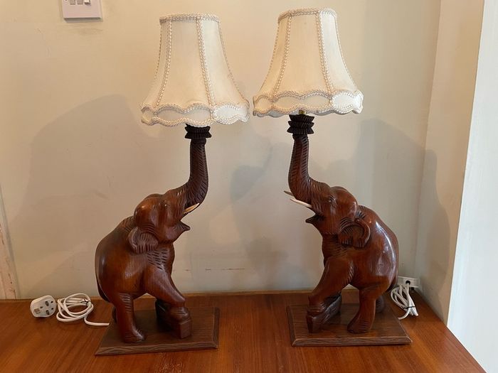 Vintage pair of matching carved good luck elephants c1970 (shades not included)