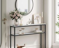 Narrow Console Table Marble Look White-Ink Black