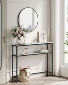 Narrow Console Table Marble Look White-Ink Black