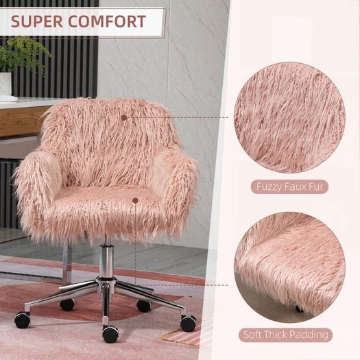 Faux Fur Computer Desk Chair, Vanity Chair with Adjustable Height, Swivel Wheels for Office, Bedroom, Pink