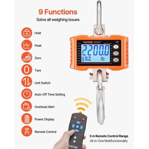 Digital Crane Scale, 2200 lbs/1000 kg, Industrial Heavy Duty Hanging Scale with Remote Control, Cast Aluminum Case & LCD Screen, High Precision for Construction, Factory, Farm, Hunting (Orange