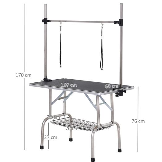 42" Dog Grooming Table, Adjustable Pet Cat Drying Beauty Table with 2 Loops Storage Basket, Rubber Top, Black