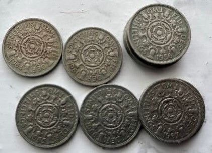 19 British Florins pre-Decimal x 19. Any 2 for 1 euro or 8.50 the lot. Dates listed below
