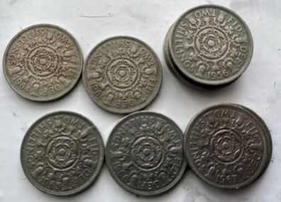 19 British Florins pre-Decimal x 19. Any 2 for 1 euro or 8.50 the lot. Dates listed below
