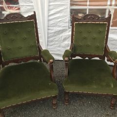 Antique grandfather & grandmother armchairs with 4 matching dining chairs