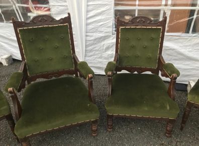 Antique grandfather & grandmother armchairs with 4 matching dining chairs