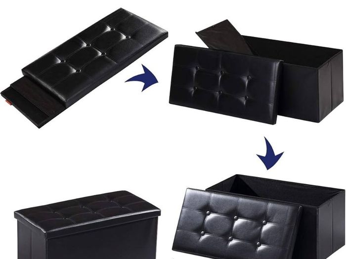 NEW SALE | Folding Ottoman Bench Storage Box with Lid, Large Storage Seat Faux Leather Footstool Toy Storage Box, Black, 76 x 38 x 38 cm