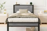 Single Bed Frame with Wood Storage Headboard
