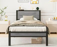 Single Bed Frame with Wood Storage Headboard