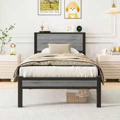 Single Bed Frame with Wood Storage Headboard