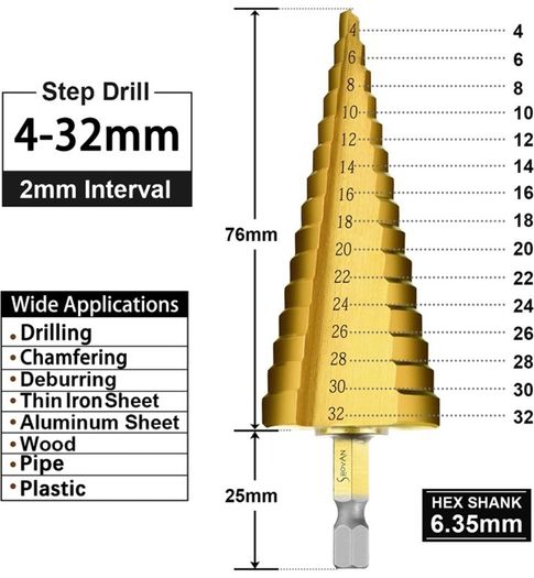 3PCS HSS Step Bits Set High Speed Steel Step Drill Bits Set - (4-12mm, 4-20mm and 4-32 mm) Cone Drill Bits Hole Cutter for Wood Stainless Steel Sheet Metal (FREE POSTAGE)