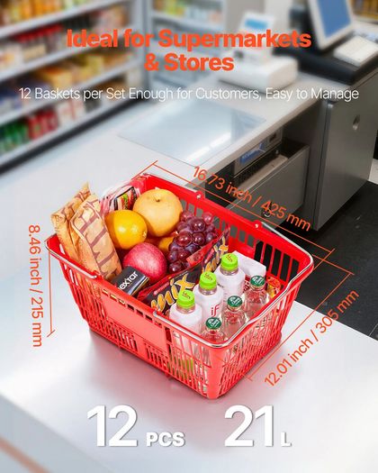 12 PCS, 21L Stackable PE Plastic Grocery Baskets with Metal Handles, Dense Mesh Structure, Holds up to 9.07kg, Portable for Grocery