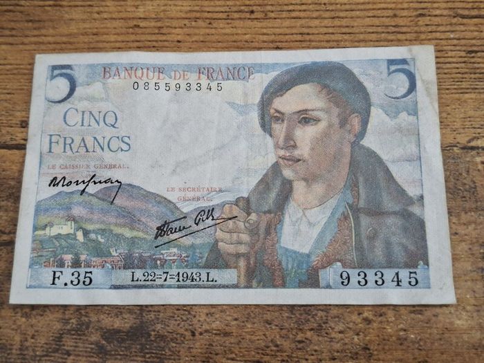 France, 5 Francs 1943 banknote, good condition - free standard postage