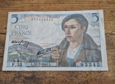 France, 5 Francs 1943 banknote, good condition - free standard postage