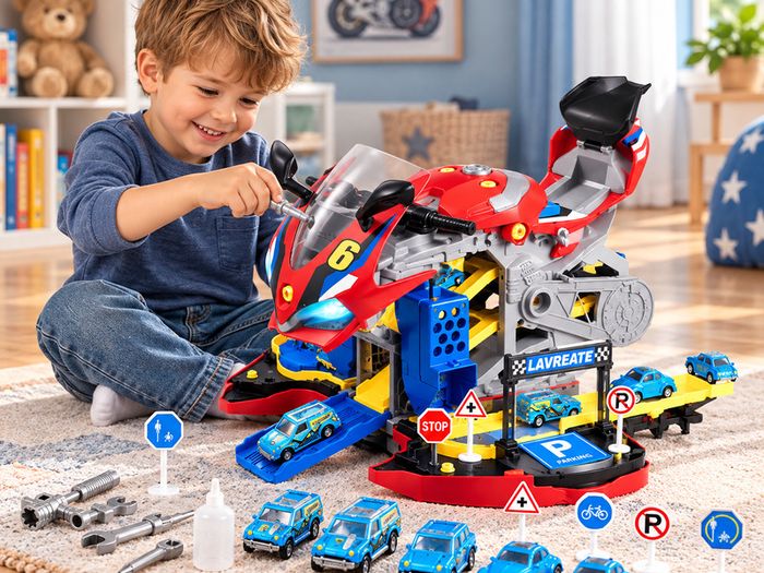 Kids Motorcycle Engine Mechanic Workshop Toy 25 Piece STEM Repair & Racing Set