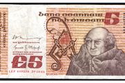 1981 Ireland IR5 Johannes Scotus Erigena Banknote Series B. Note issued 29/10/81. Serial number LEF449578