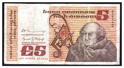 1981 Ireland IR5 Johannes Scotus Erigena Banknote Series B. Note issued 29/10/81. Serial number LEF449578