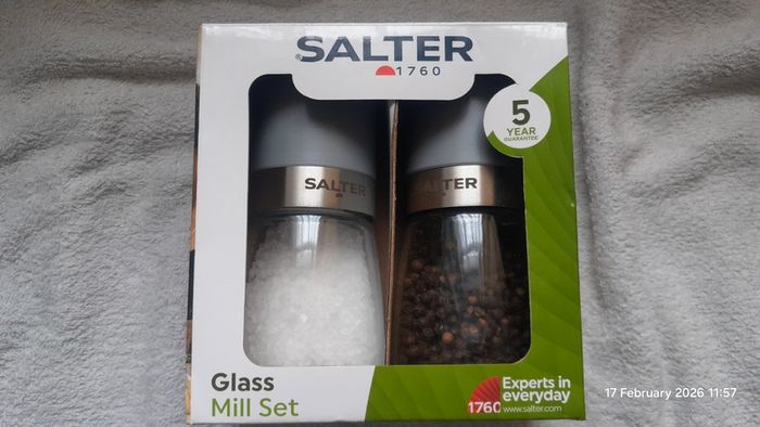 Salter Glass Mill Set Grey Salt Pepper Filled