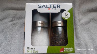 Salter Glass Mill Set Grey Salt Pepper Filled
