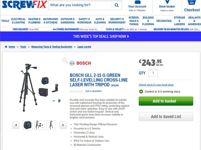 Bosch GLL 2-15 G Green Self-Levelling Cross-Line Laser with Tripod