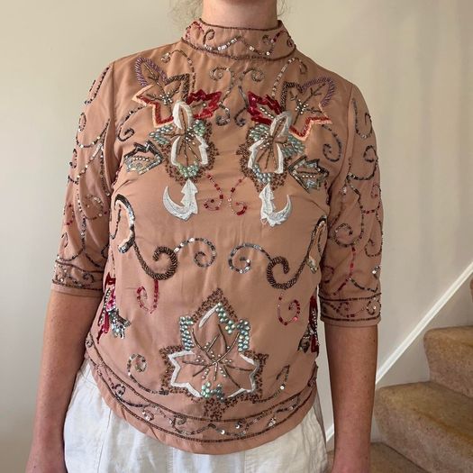 Folkster blush pink / cream sequin embellished and beaded high neck top
