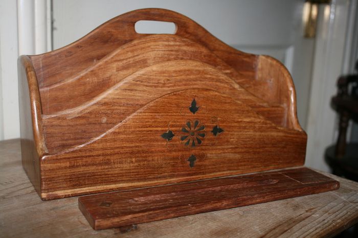 Vintage Letter Holder Handmade Wooden Paper Rack with Moorish Brass Inlays Office Desk Organiser 12" x 4" H-7"