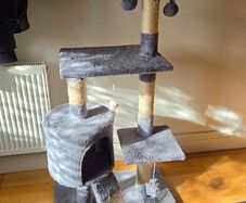 Grey cat tree with scratching posts and hideaway