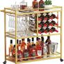 Drink Trolley, Bar Cart with Lockable Wheels, 12 Wine Rack and 3 Rows Glass Holders Gold Image 2