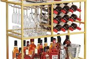 Drink Trolley, Bar Cart with Lockable Wheels, 12 Wine Rack and 3 Rows Glass Holders Gold