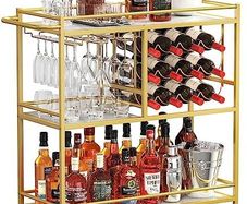 Drink Trolley, Bar Cart with Lockable Wheels, 12 Wine Rack and 3 Rows Glass Holders Gold