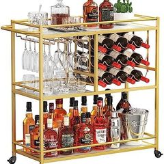 Drink Trolley, Bar Cart with Lockable Wheels, 12 Wine Rack and 3 Rows Glass Holders Gold