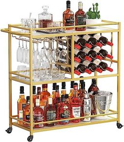 Drink Trolley, Bar Cart with Lockable Wheels, 12 Wine Rack and 3 Rows Glass Holders Gold