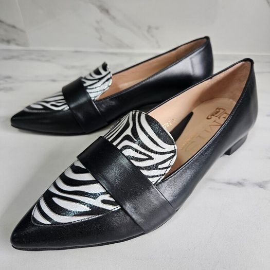 Emis slip on gorgeous leather flat black shoes with zebra detail RRP 100 euro new & boxed sizes UK 4 & UK 5