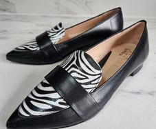 Emis slip on gorgeous leather flat black shoes with zebra detail RRP 100 euro new & boxed sizes UK 4 & UK 5