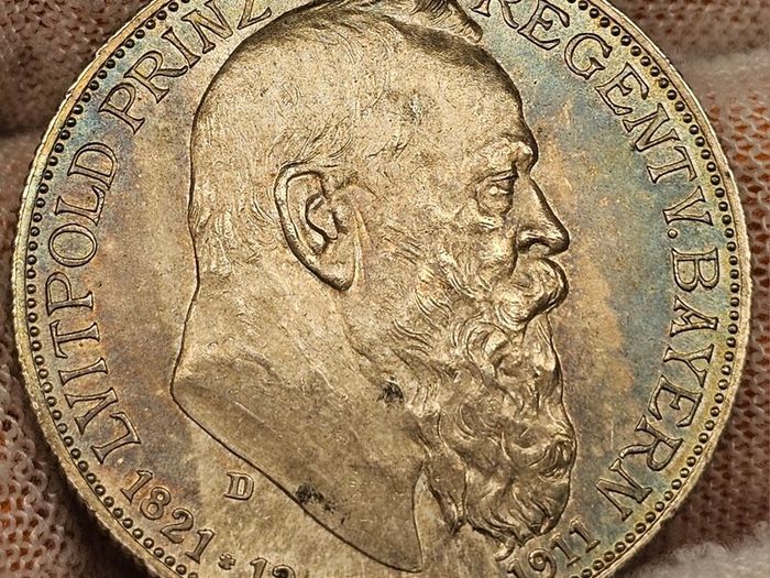 Germany  German States Bavaria Silver 1911 2 Mark Prince Regent Luitpold Beautiful Uncirculated Toned!