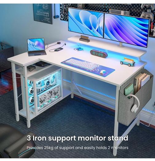 L Shaped Gaming Desk with LED Lights & Power Outlets, 120 x 80cm Corner Computer