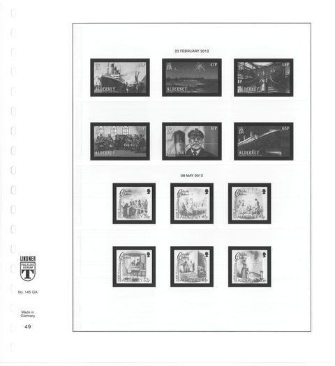 2012 & 13 Alderney Lindner-T Illustrated 18-ring hingeless album pages. Pages 49-56. These are new and have never been used. 8 pages