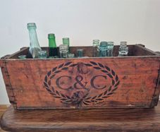 Vintage C&C Wooden Crate & Antique Bottle Collection 1970s / Victorian Era