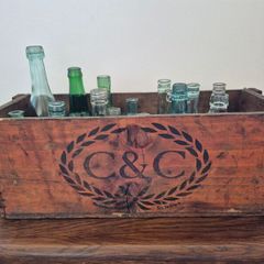 Vintage C&C Wooden Crate & Antique Bottle Collection 1970s / Victorian Era