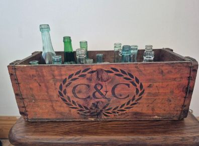Vintage C&C Wooden Crate & Antique Bottle Collection 1970s / Victorian Era
