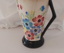 Fabulous Vintage Mid Century Art Deco Vase/Jug/Pitcher with a Beautiful Hand Painted Floral Design and Black Angular Handle and Stepped Foot, Caroline Ware Circa 1950