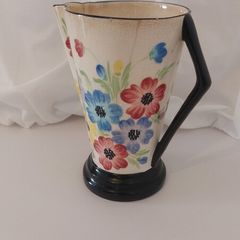Fabulous Vintage Mid Century Art Deco Vase/Jug/Pitcher with a Beautiful Hand Painted Floral Design and Black Angular Handle and Stepped Foot, Caroline Ware Circa 1950